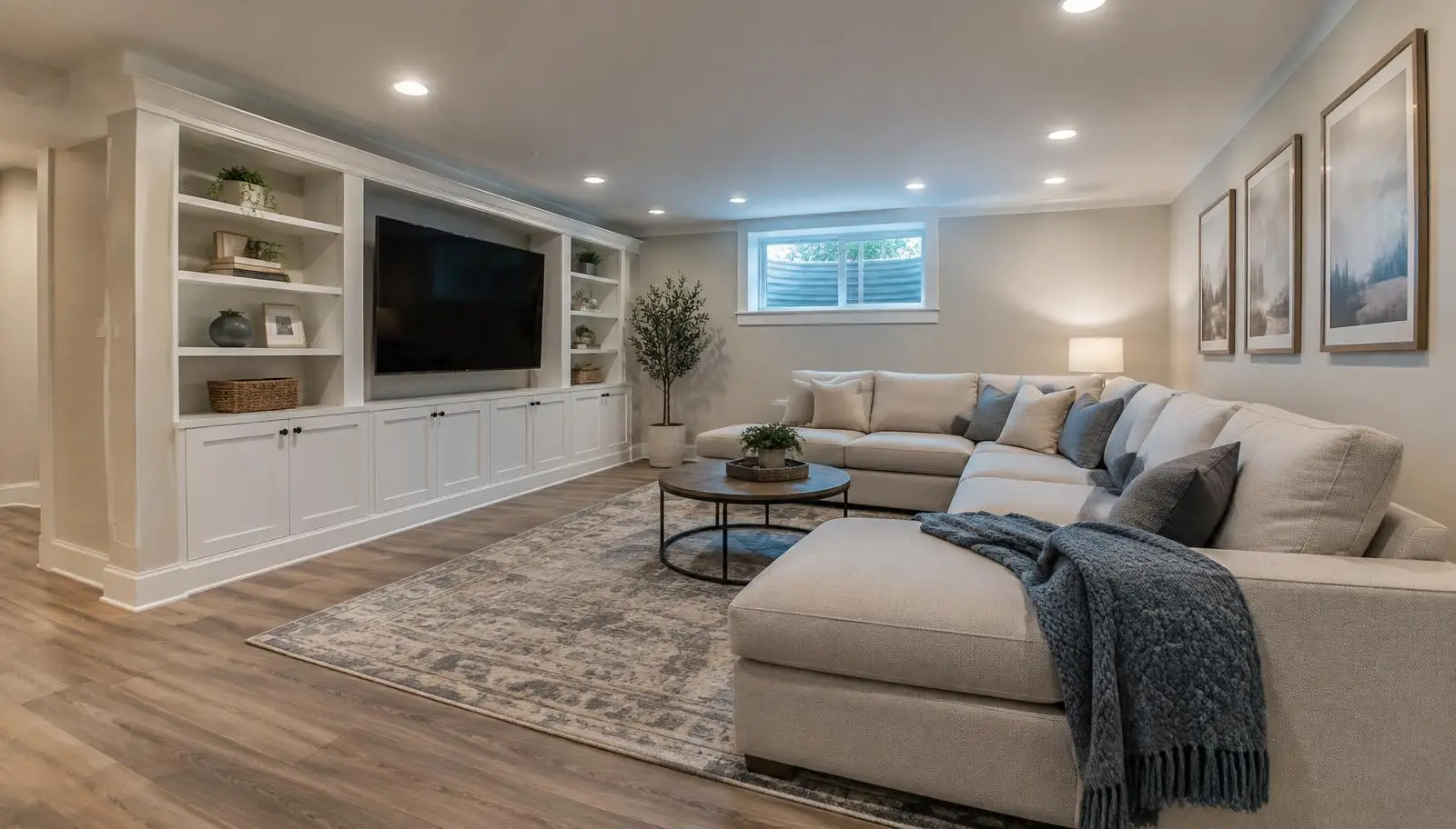 Finished basement family room with built in shelving, recessed lights and plank flooring