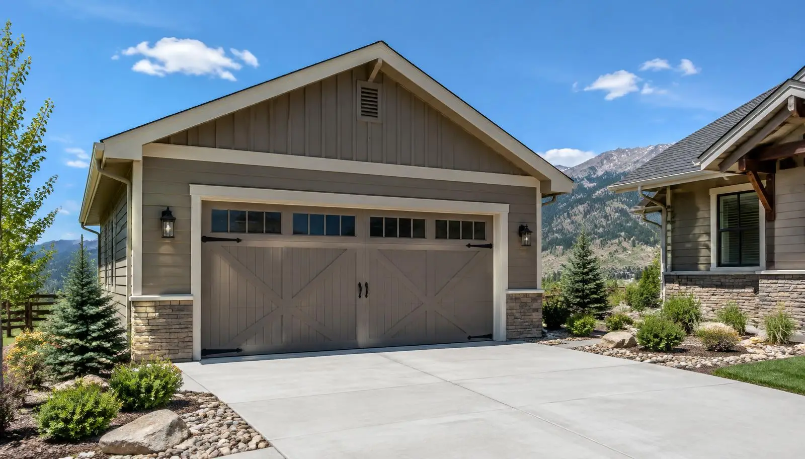 New two car detached garage with a workshop door