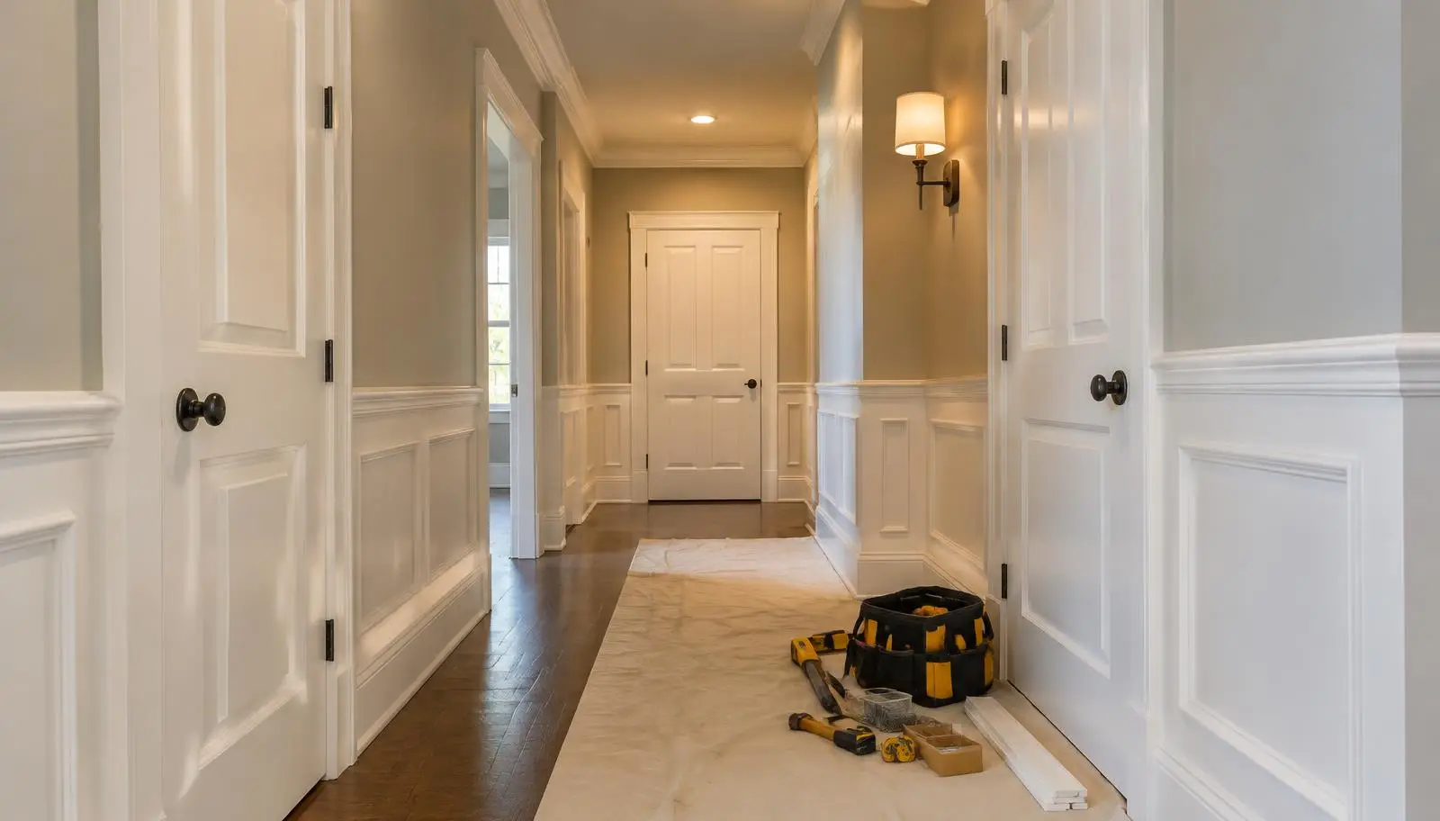 Hallway with new wainscoting, crown molding and interior doors during finish carpentry work