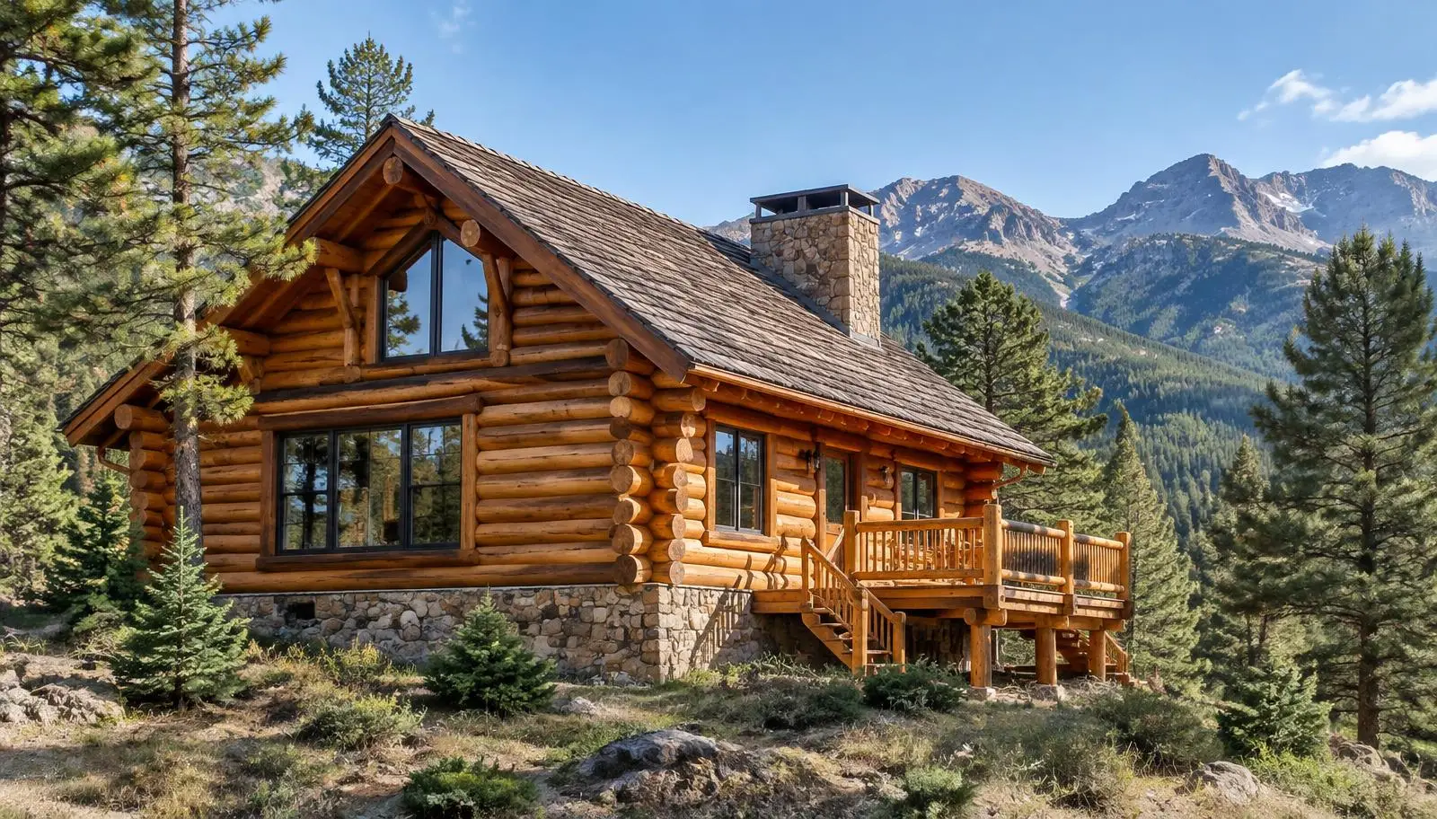 Restored log home with fresh stain in Colorado mountains