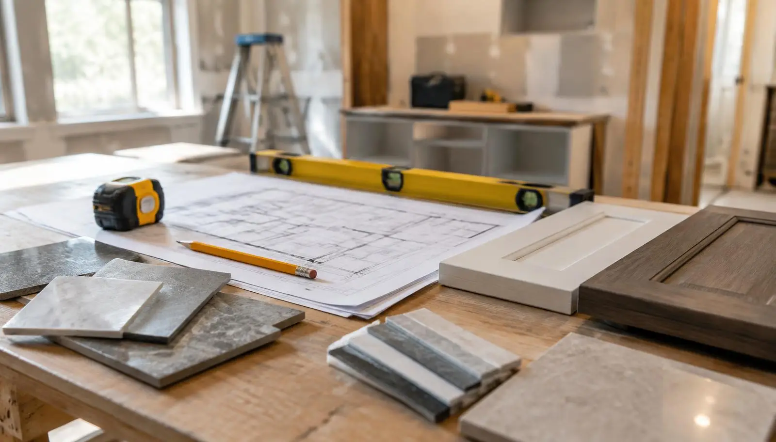 Blueprints, tape measure, level and tile samples on a remodeling workbench