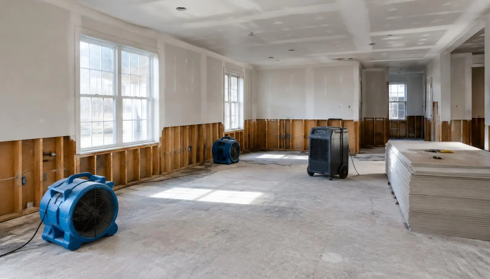 Home interior being rebuilt after water damage with new drywall and drying equipment